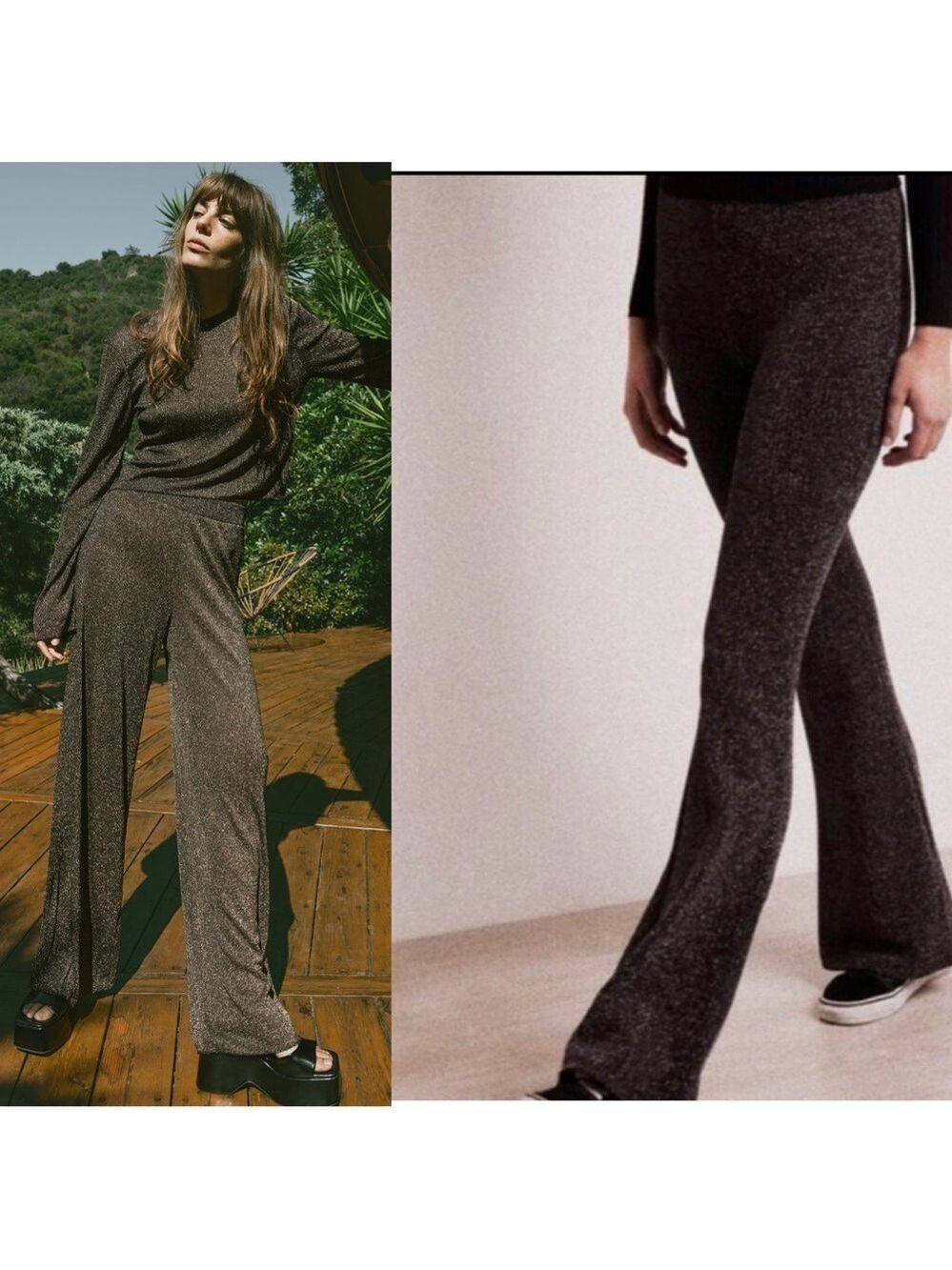 Zara Special edition black gold knit metallic glitter flare pants Sz M NWT